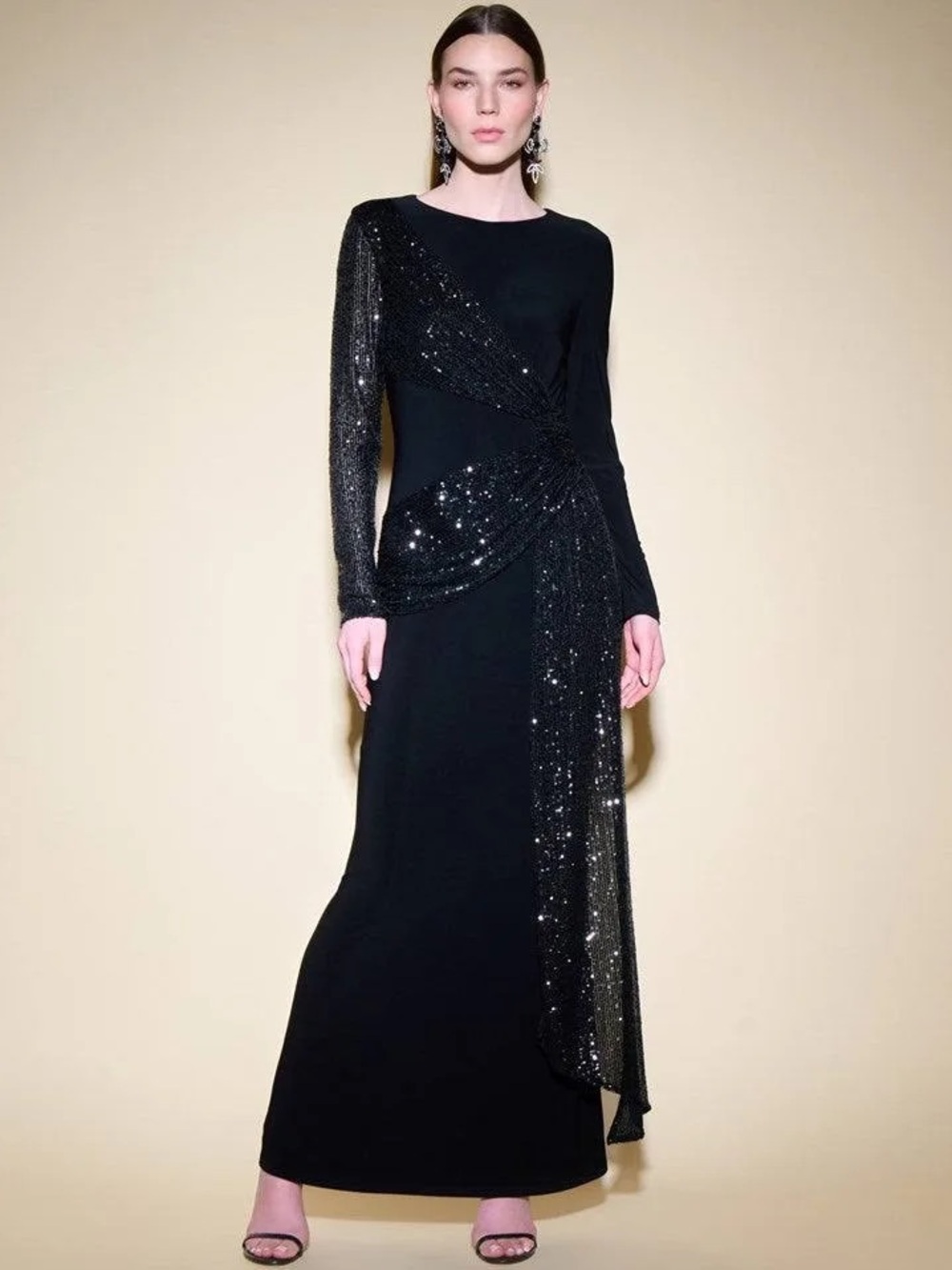 Joseph Ribkoff Black Long Sleeve Evening Gown with Sparkle Draped Detail